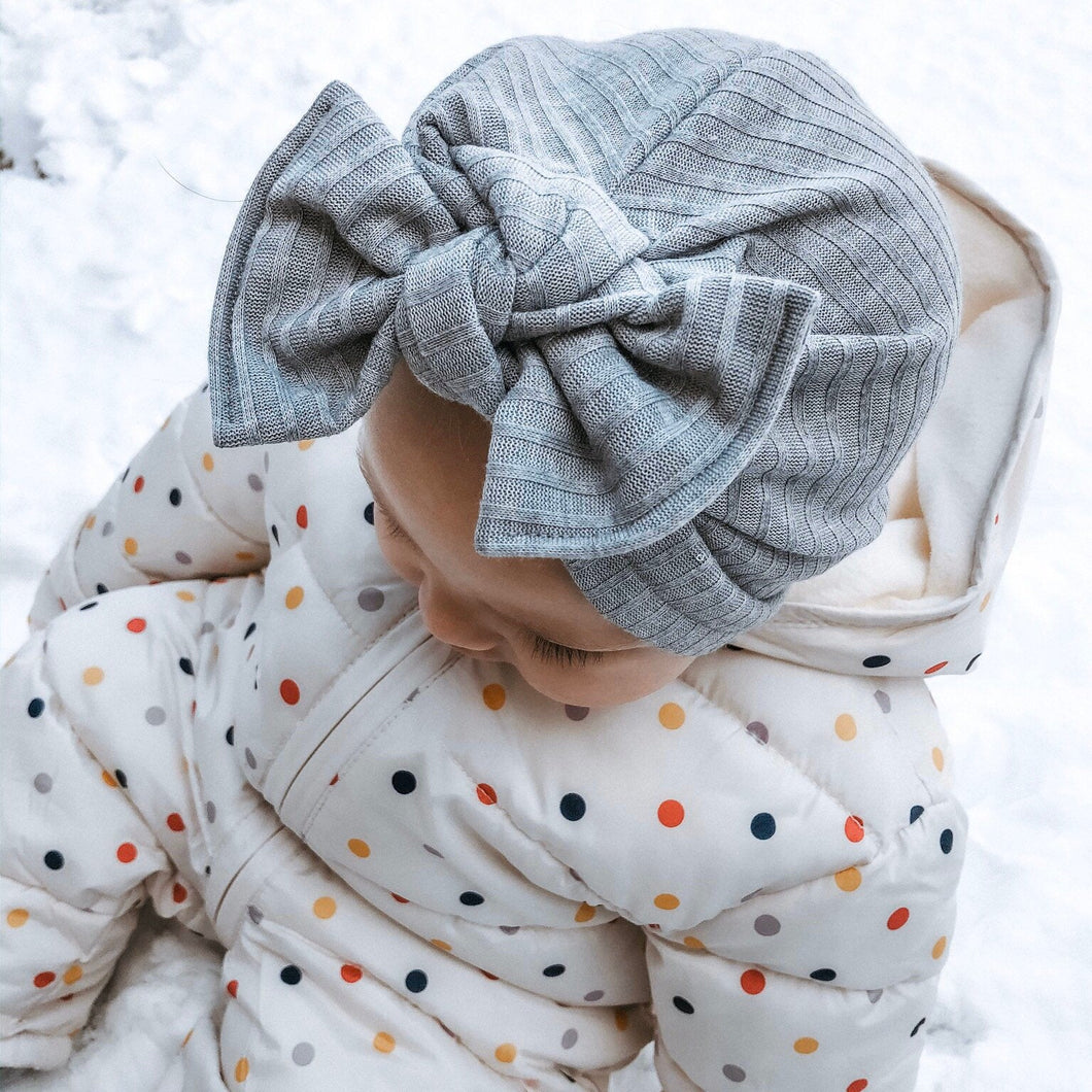 Gray Ribbed Fuzzy Hat: w/ Flat Bow