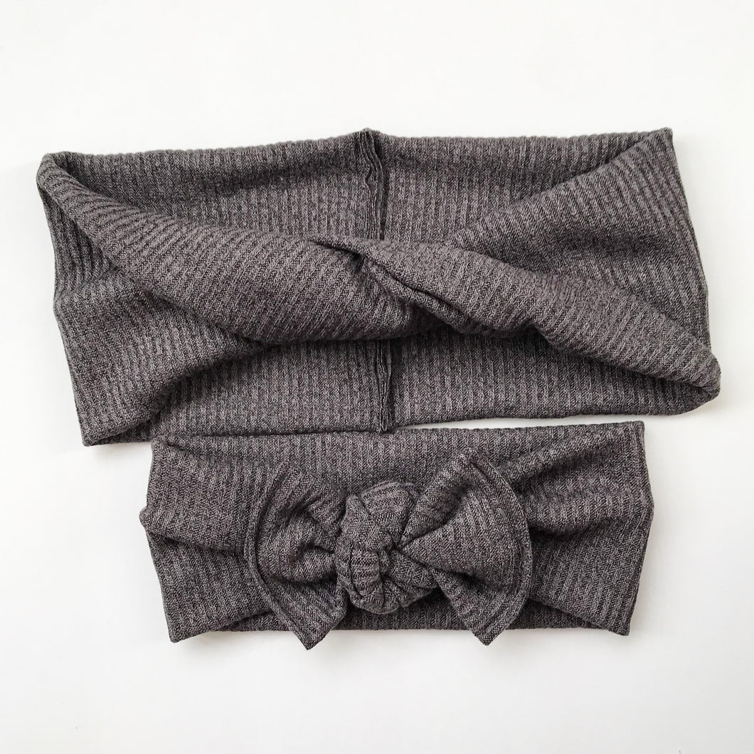 Dark Gray Ribbed : (Mommy & Me set) Boho Twist & Flat Bow Headband
