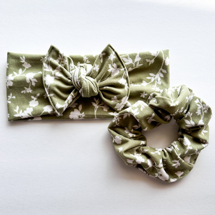 Sage Blooms : (Mommy & Me set) Scrunchie & Flat Bow Headband