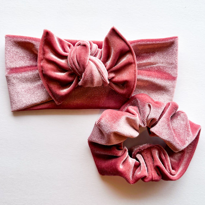 Mauve Velvet : (Mommy & Me set) Scrunchie & Flat Bow Headband