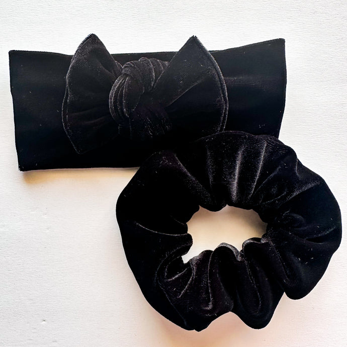 Black Velvet : (Mommy & Me set) Scrunchie & Flat Bow Headband