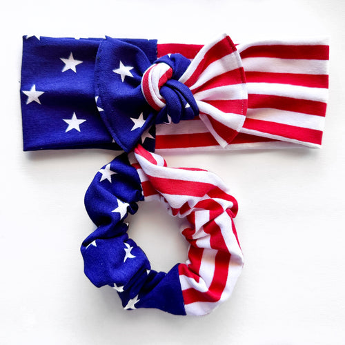 American Flag : (Mommy & Me set) Scrunchie & Flat Bow Headband