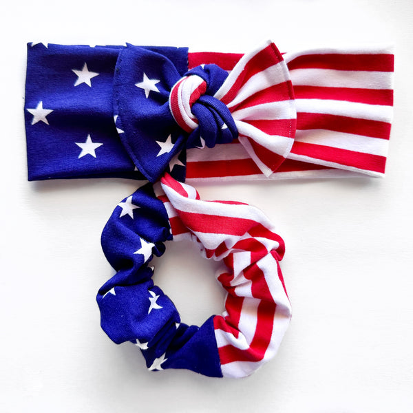 American Flag : (Mommy & Me set) Scrunchie & Flat Bow Headband