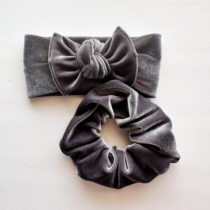 Gray Velvet : (Mommy & Me set) Scrunchie & Flat Bow Headband