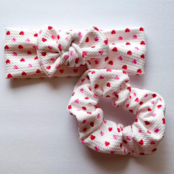 Perfect Hearts : (Mommy & Me set) Scrunchie & Flat Bow Headband