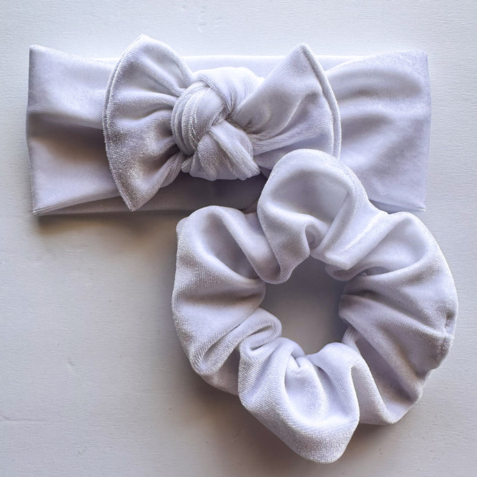 White Velvet : (Mommy & Me set) Scrunchie & Flat Bow Headband