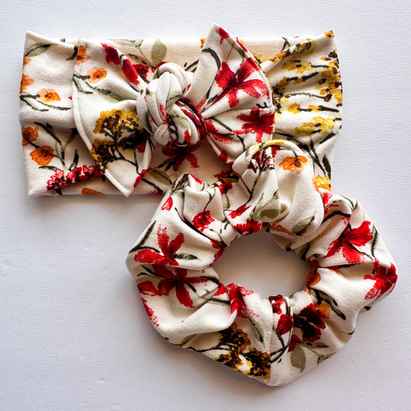 Cream Blossoms : (Mommy & Me set) Scrunchie & Flat Bow Headband