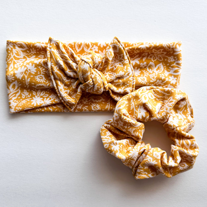 Marigolds : (Mommy & Me set) Scrunchie & Flat Bow Headband