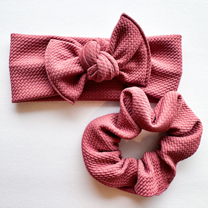 Mauve Textured : (Mommy & Me set) Scrunchie & Flat Bow Headband