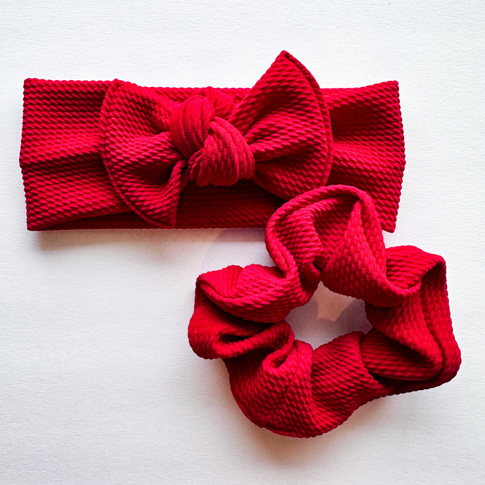 Dark Red Textured : (Mommy & Me set) Scrunchie & Flat Bow Headband