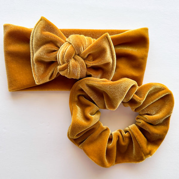 Gold Velvet : (Mommy & Me set) Scrunchie & Flat Bow Headband