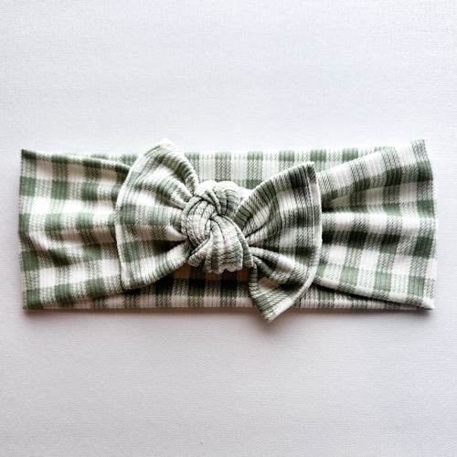 Sage Gingham : Flat Bow Headband