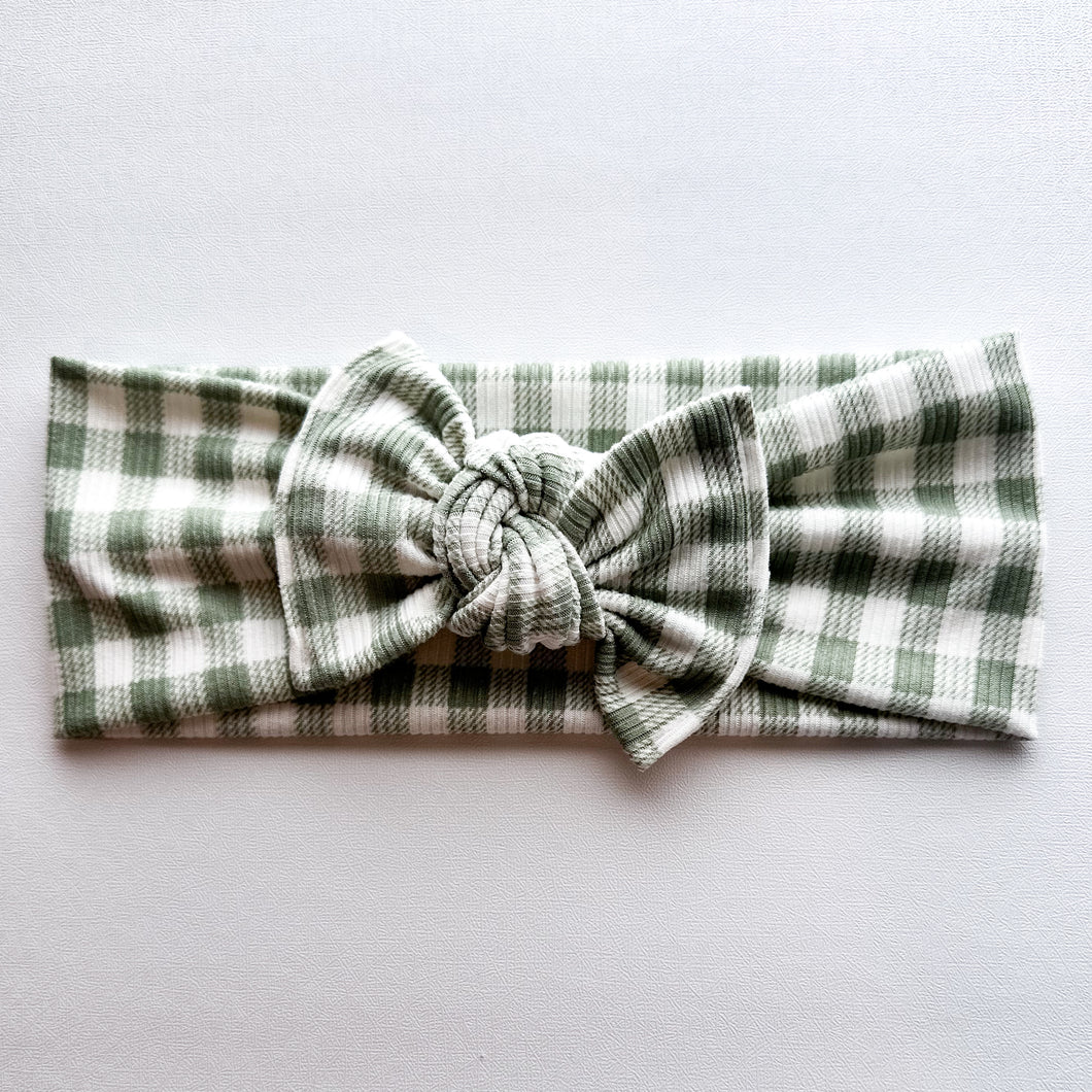 Sage Gingham : Flat Bow Headband
