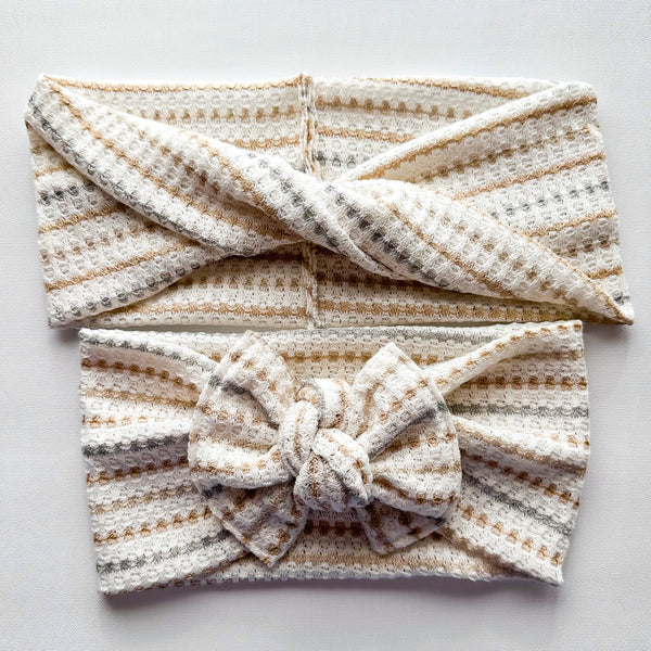 Neutral Stripes Waffle : (Mommy & Me set) Boho Twist & XL Flat Bow Headband