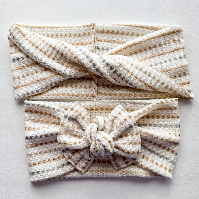 Neutral Stripes Waffle : (Mommy & Me set) Boho Twist & XL Flat Bow Headband