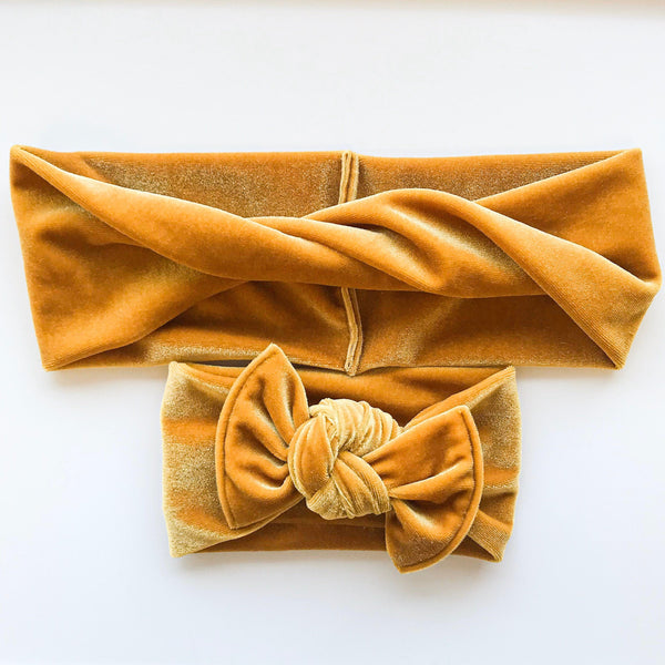 Gold Velvet : (Mommy and Me set) Skinny Boho Twist & Flat Bow Headband