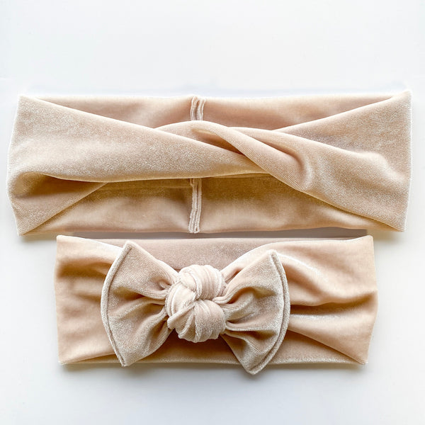 Champagne Velvet : (Mommy and Me set) Skinny Boho Twist & Flat Bow Headband