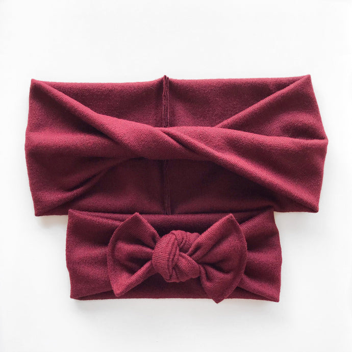 Super Soft Burgundy Sweater : (Mommy & Me Set) Boho Twist & Flat Bow Headband