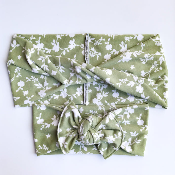 Sage Blooms : (Mommy & Me set) Boho Twist & Flat Bow Headband